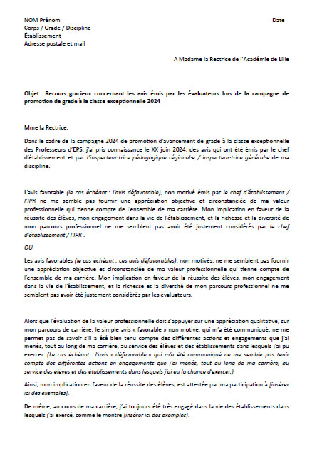 Modèle de recours gracieux avis évaluation classe exceptionnelle 2024